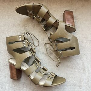 Loeffler Randall City‎ Heel Sandals Olive Brown Leather Women 8 Caged Lace Up